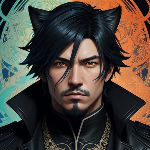 Surreal Japanese Youth with Feline Accents in Bold Art Nouve...