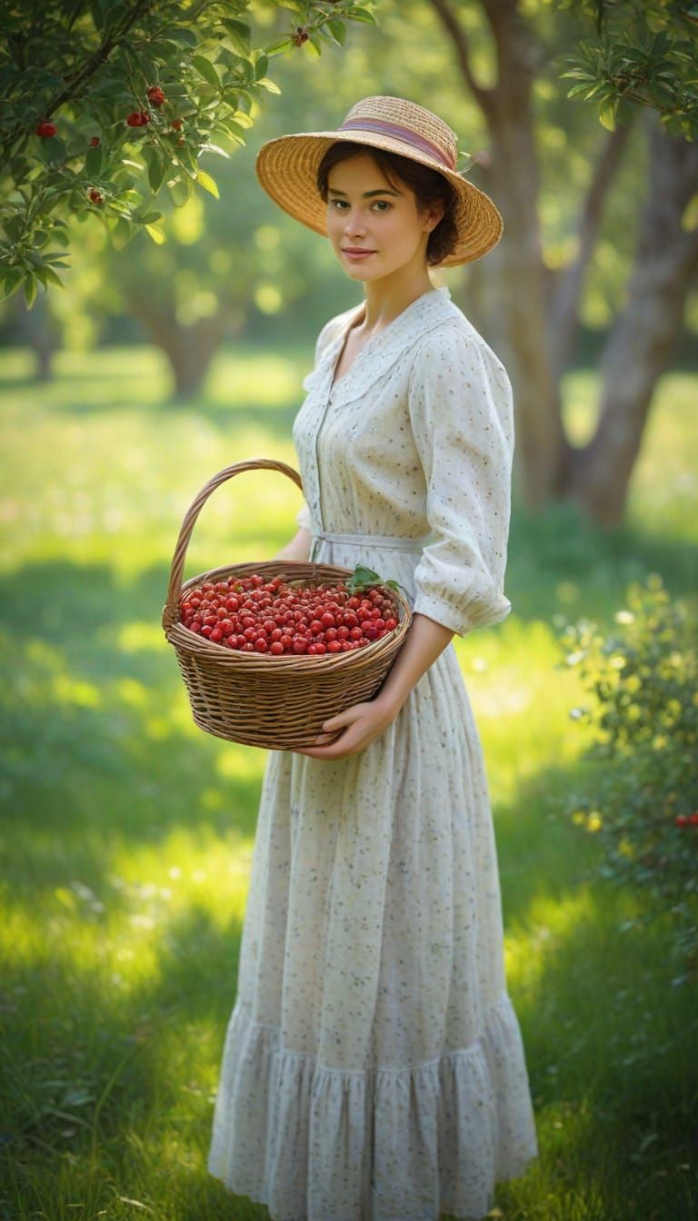 Woman Standing in a Cherries Orchard with a Wicker Basket
