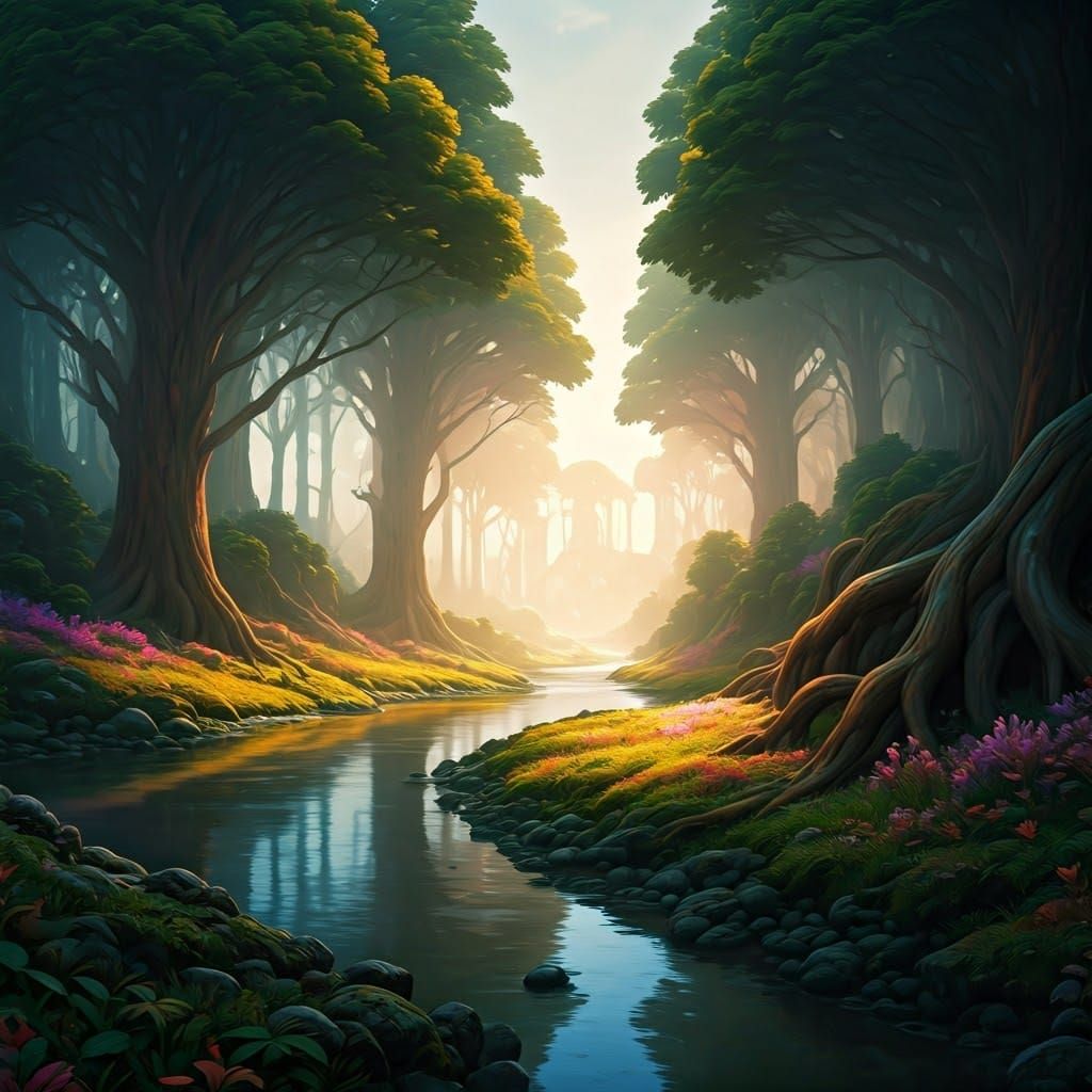 Enchanted Riverside Landscape in Fantasy Style