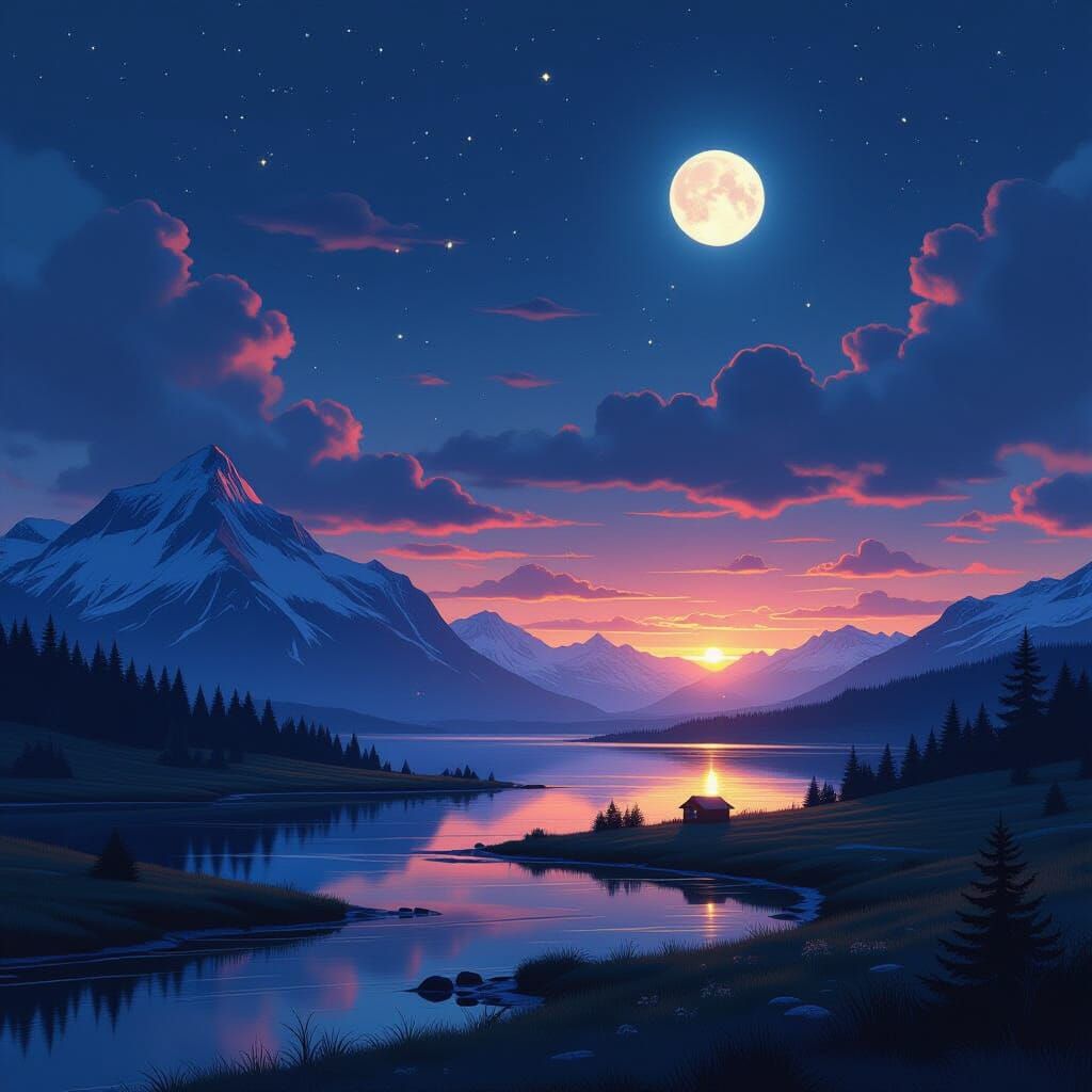 Night and Day Landscapes Merging in Hyperrealistic Style