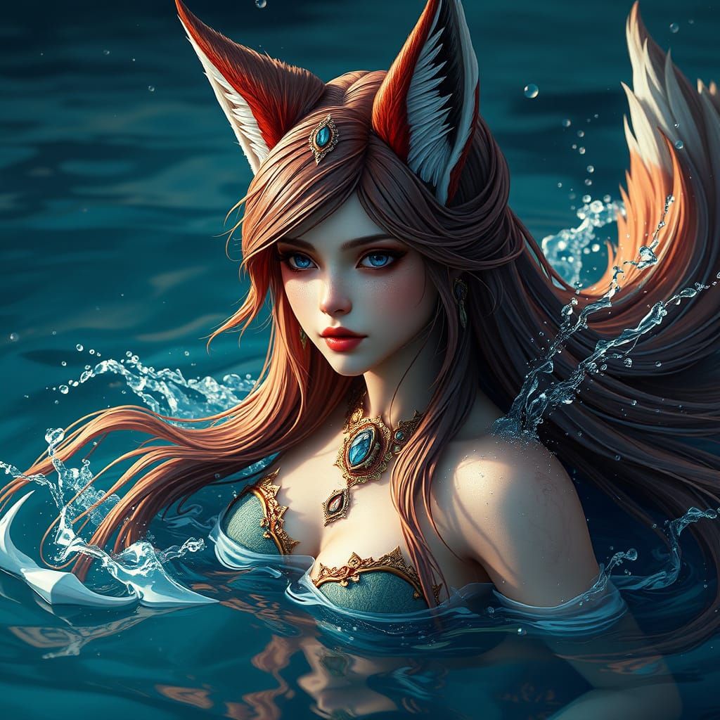 Majestic Water Princess with Fox Ears in Vibrant Fantasy Wor...