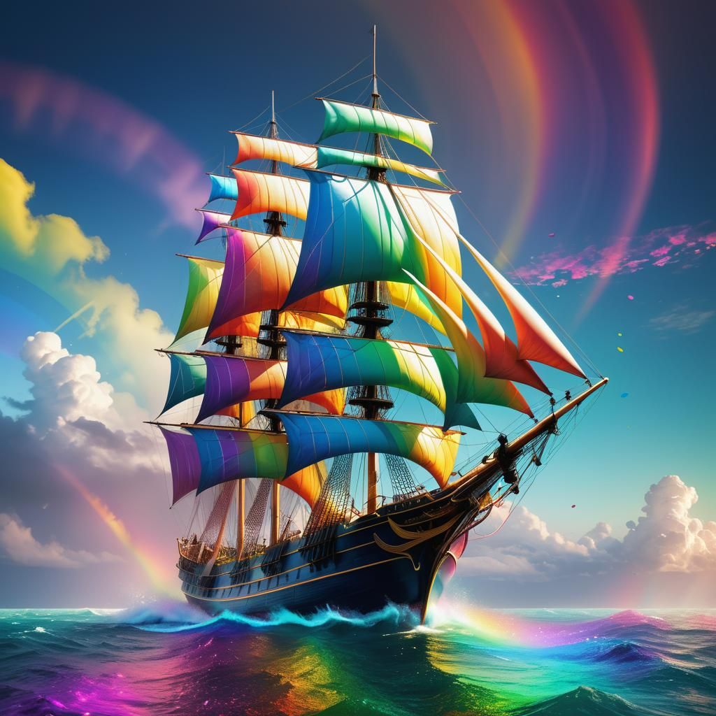 Rainbow Sailing Ship: Hyperdetailed Digital Art