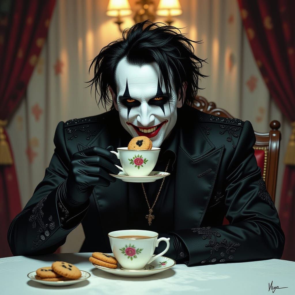 Elegant Dark Figure Sips Tea in Cinematic Scene
