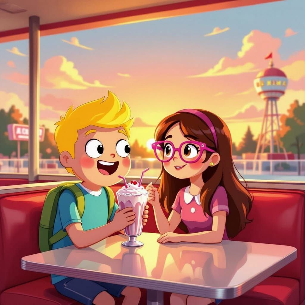 Finn and Girlfriend Share Milkshake at Sunset Amusement Park