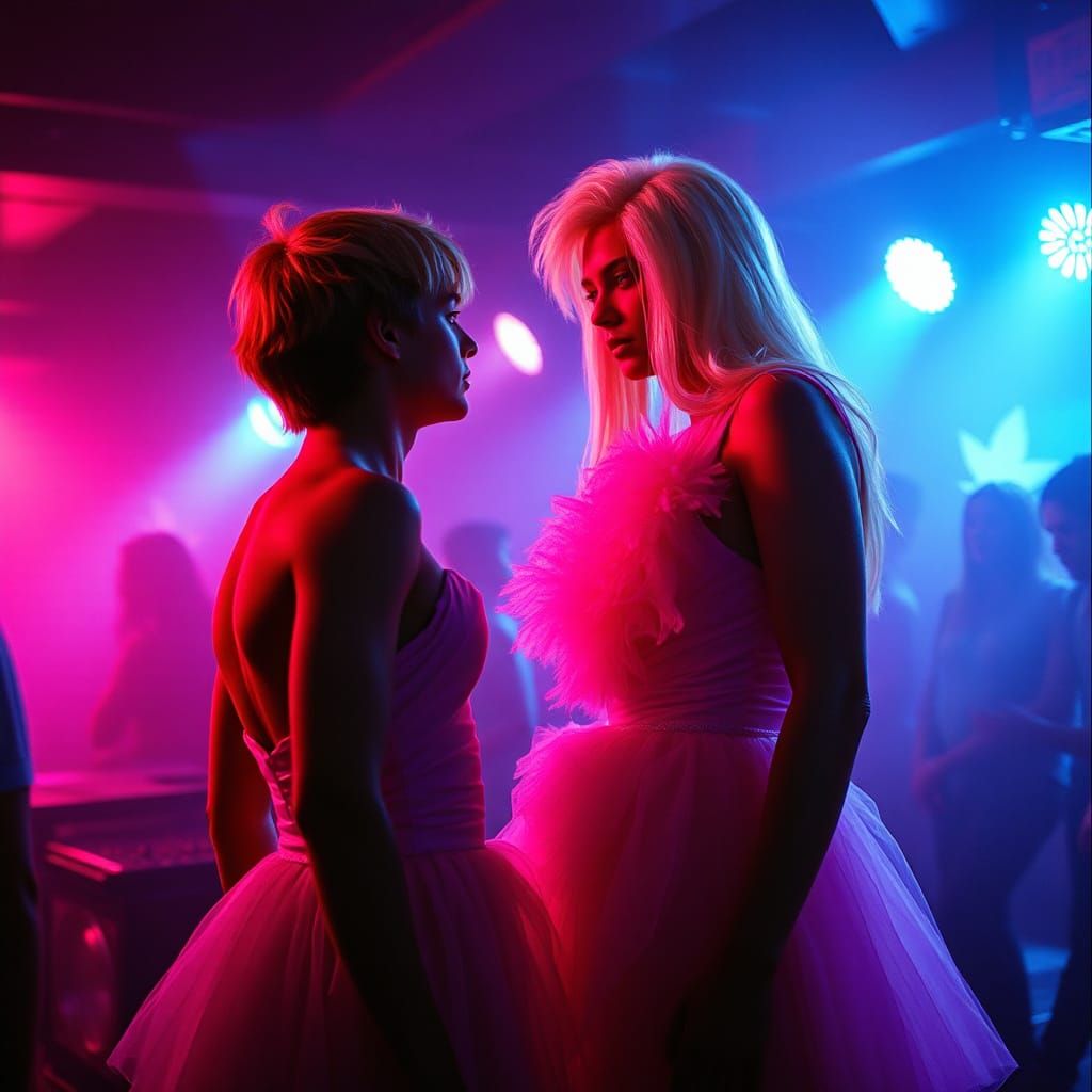 Dramatic Encounter: Blonde Boy in Pink Dress in Discotheque