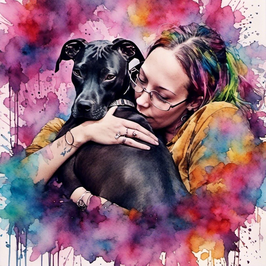Pitbull and Woman Cuddle in Surreal Digital Art