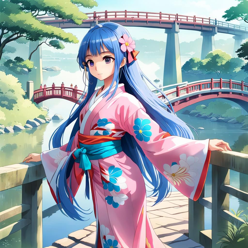 Anime Princess with Blue Hair in Misty Park