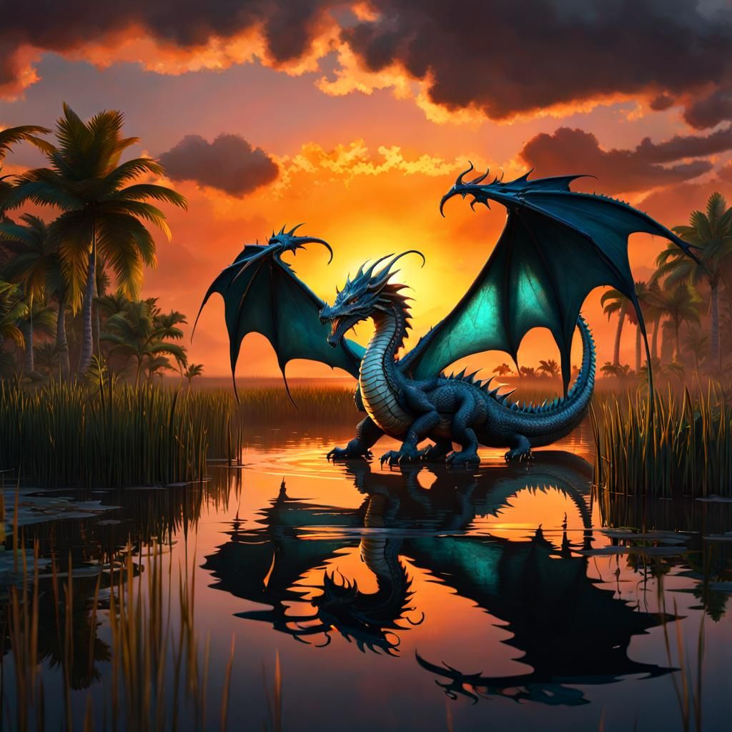 Everglades Dragon at Sunset: Dark Fantasy Art