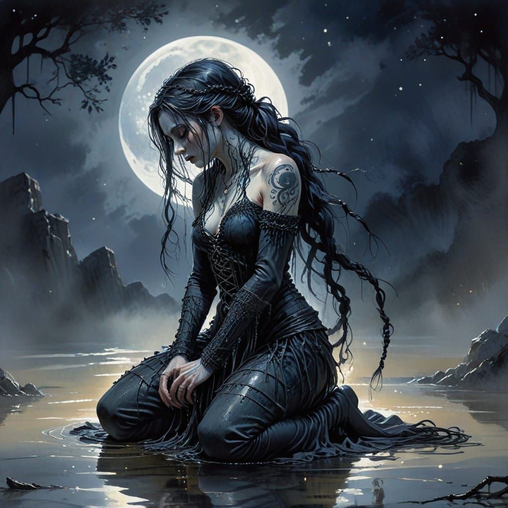 Goth Girl Crying in Moonlight, Watercolor Style