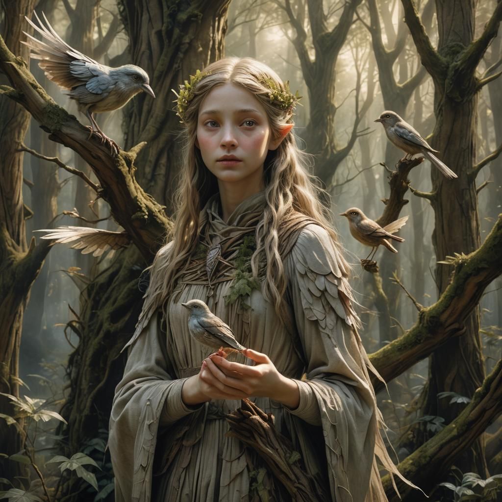 Enchanted Forest: Wooden Girl and Bird