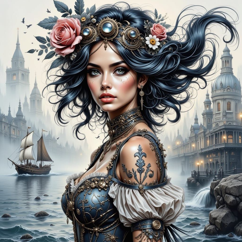 Steampunk Pearl Diver Collage with Fractals and Grunge