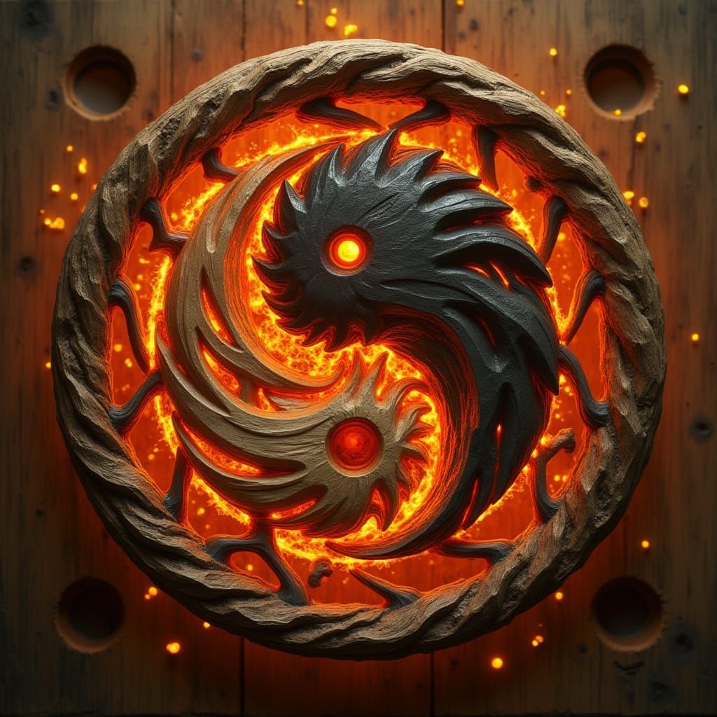 Flaming Wooden Yin Yang in Fantasy Art Style
