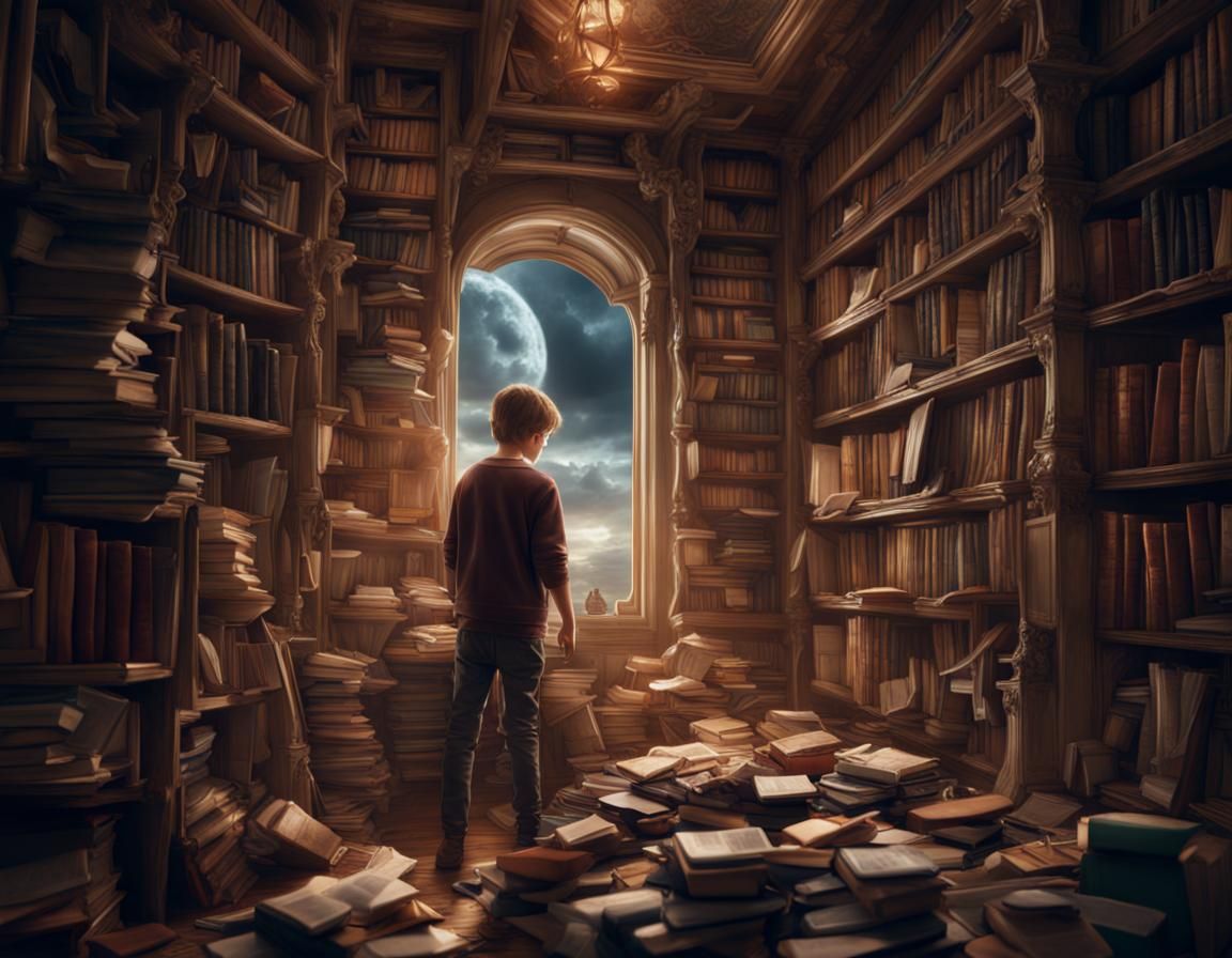 Boy Searches Disorganized Bookshelf: Digital Matte Painting