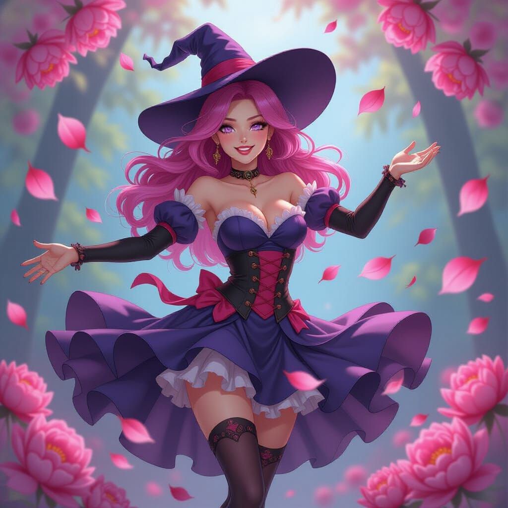 Pink Haired Witch Twirling in Peony Petals