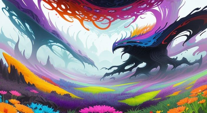 Surreal Creatures in a Vibrant Dark Meadow