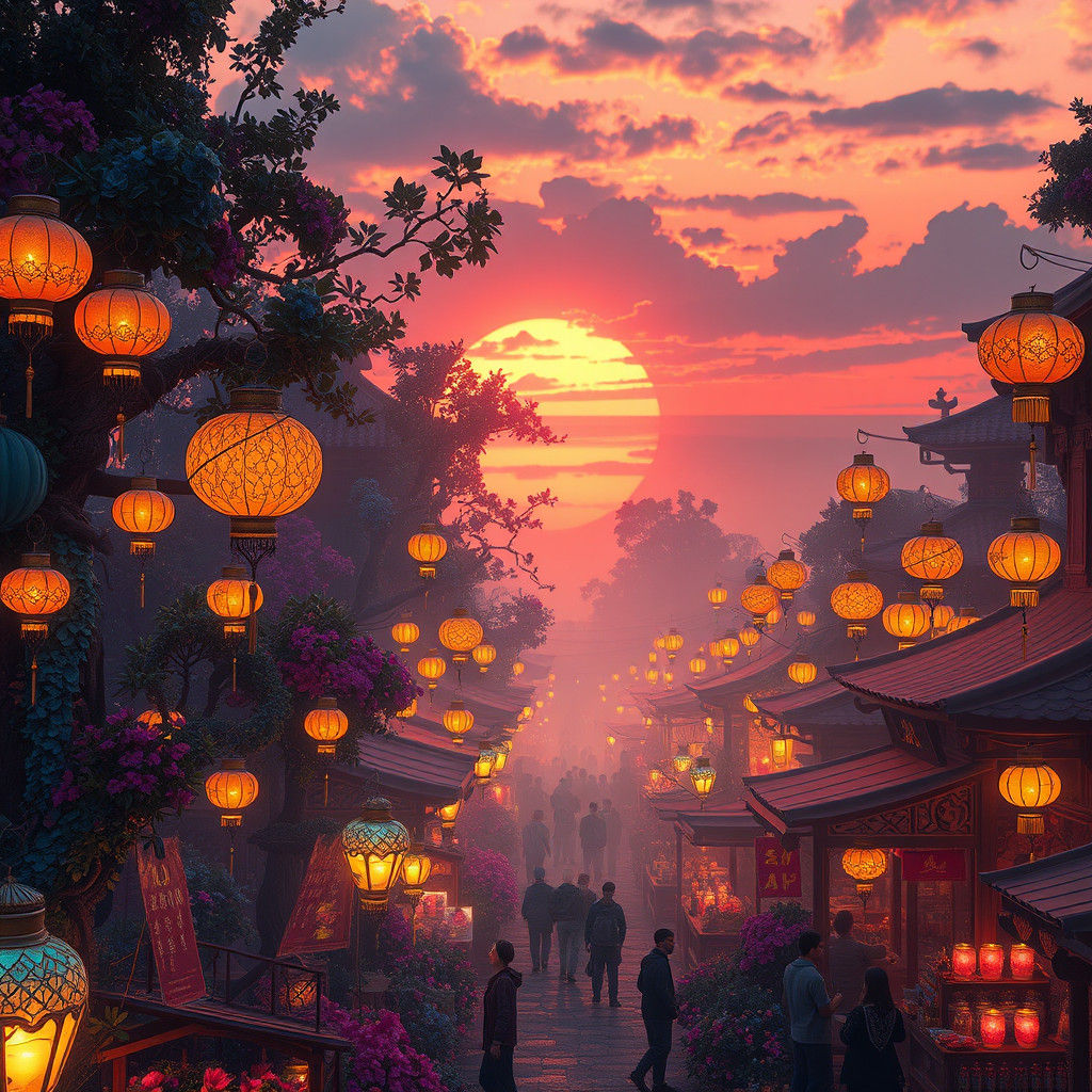Mystical Sunset Festival in Fantasy Concept Art Style