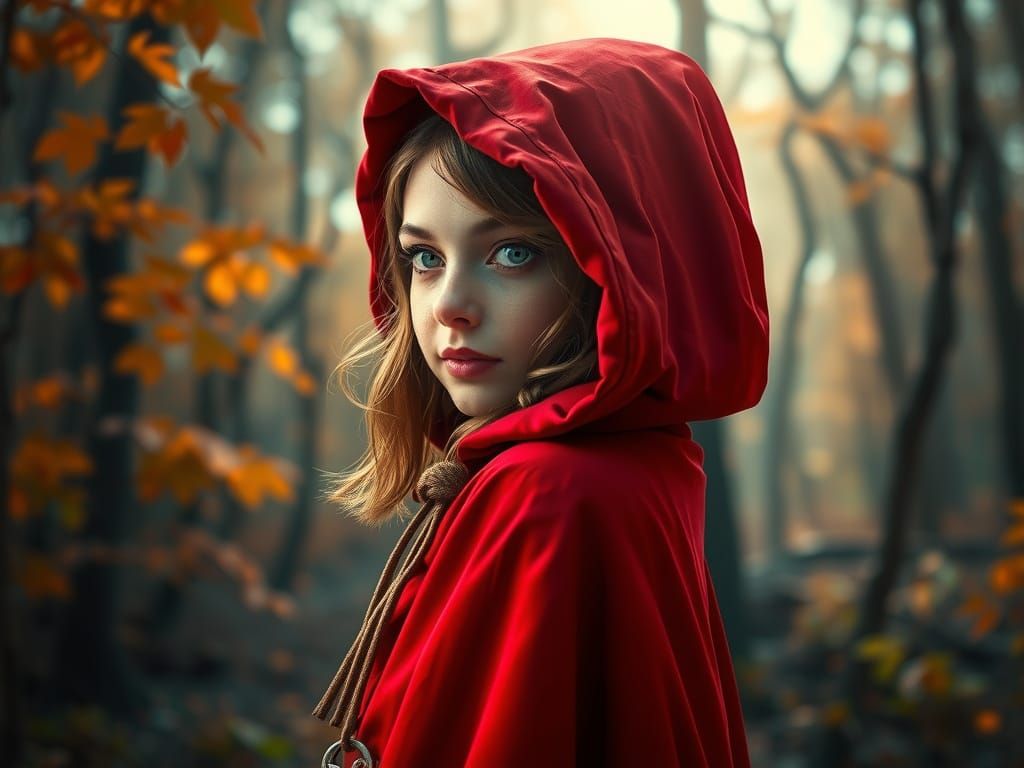 Little Red Riding Hood in Autumn Forest