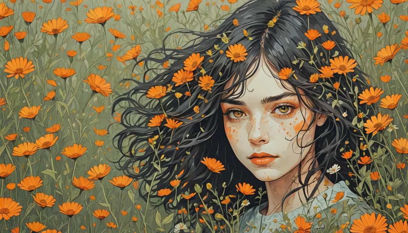 Girl in Blooming Meadow with Orange Daisies