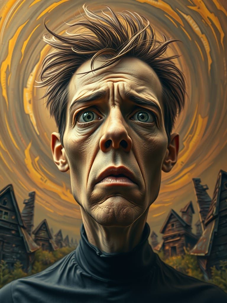 Unique Portrait Art of Disappointment in Surreal Landscape