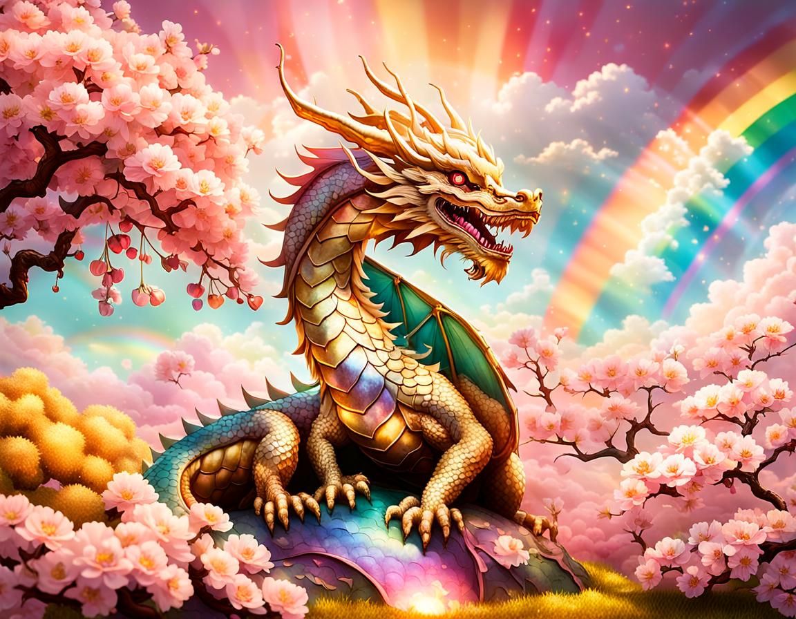 Fantasy Landscape with Rainbow Dragon and Cherry Tree