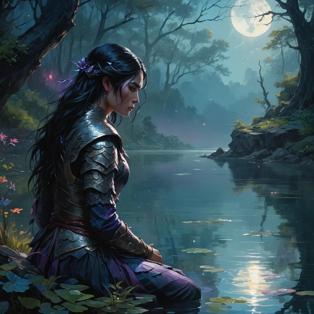 Warrior Gazing at Reflection in Oil Painting Style