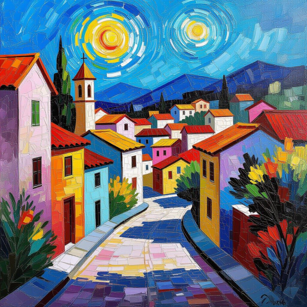 Vibrant Candy Cityscape in Neo-Impressionist Style