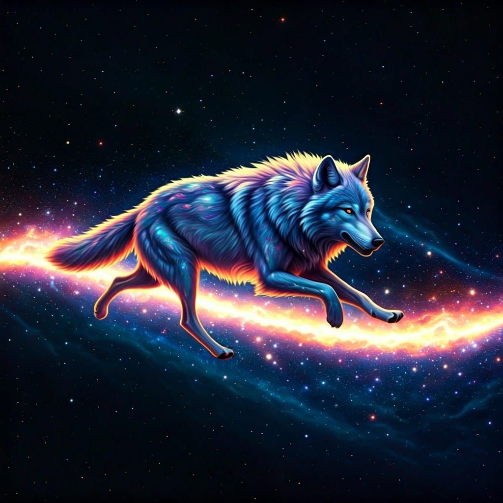 Astral Wolf Running Through Iridescent Space