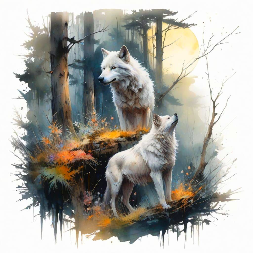 Wolf Under Moonlit Pine Trees in a Starry Night