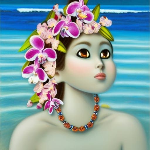 Polynesian Beauty with Orchids in Big-Eye Art