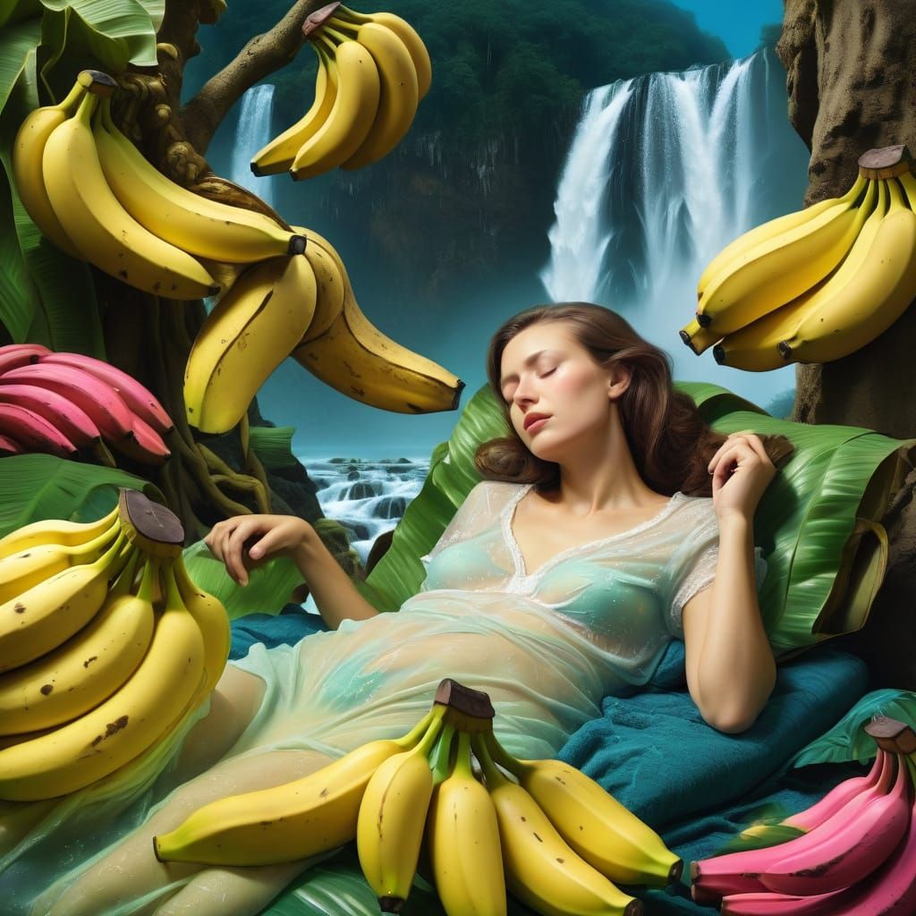 Surreal Woman Transforms Under Waterfall in a Dreamlike Scen...