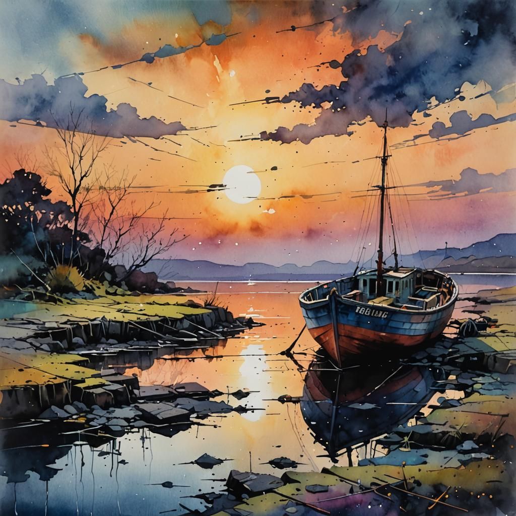 Abandoned Boat Sunset: Watercolour Painting