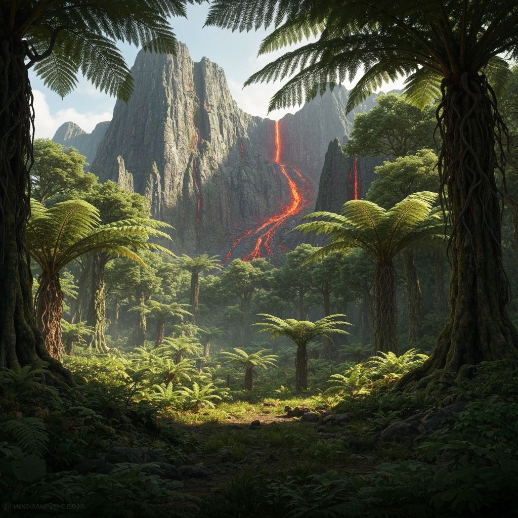 Lush Jurassic Forest with Volcanic Cliffs