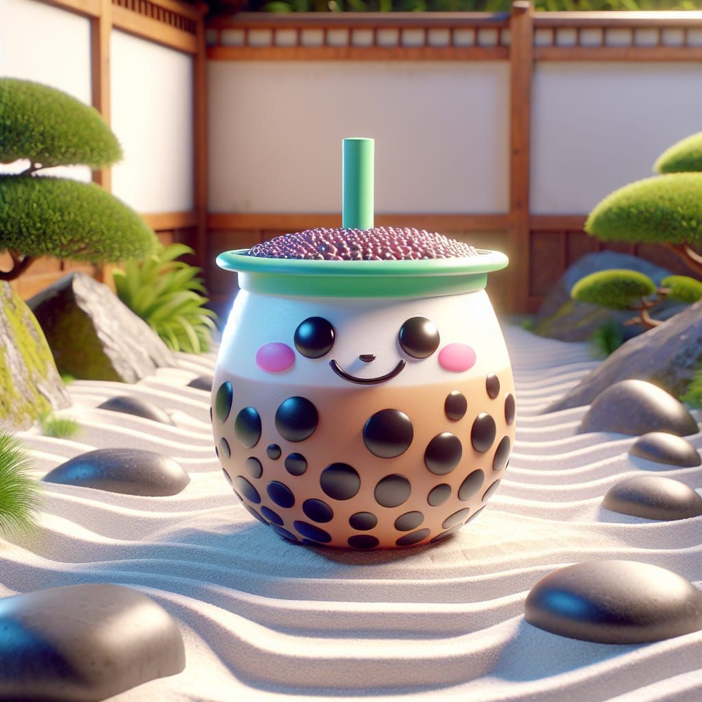 Disney Pixar style 3D adorable boba tea cup in a zen garden