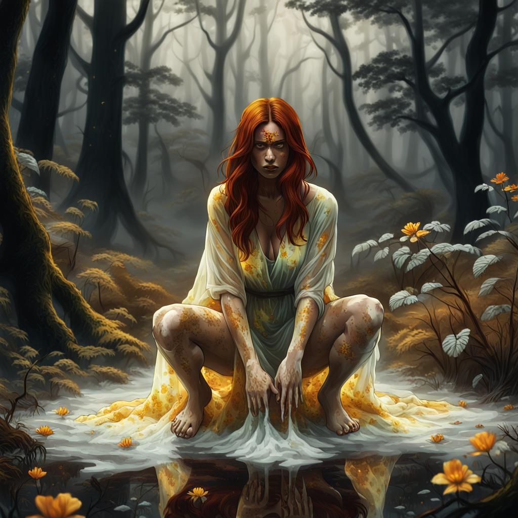 Woman in Misty Forest: Vivid Digital Art