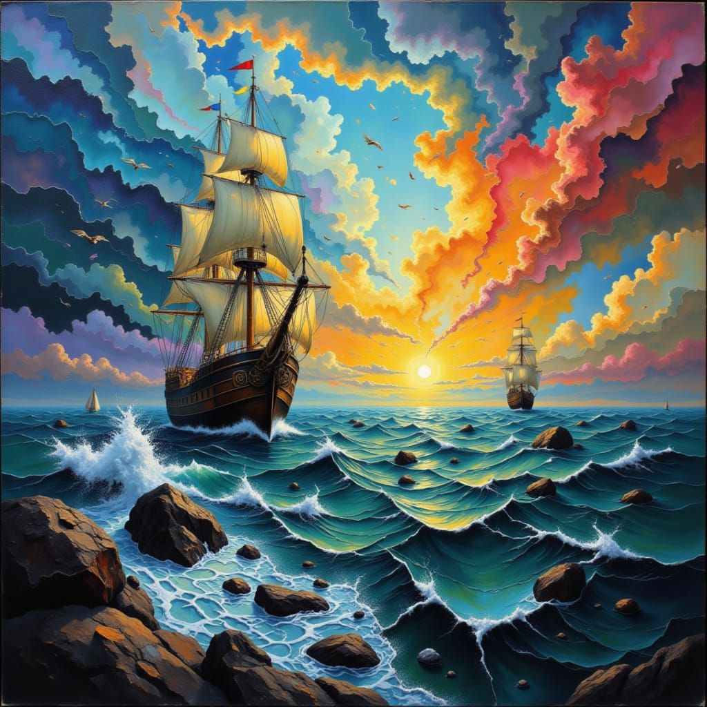 Ship Navigates Molten Glass Ocean in Stormy Seas