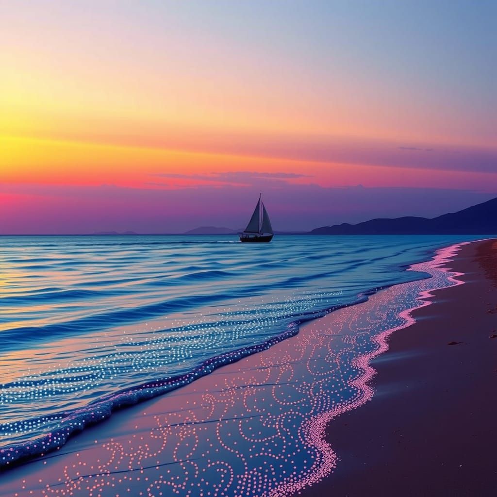 A tranquil beach at sunset, depicted in the pointillism styl...