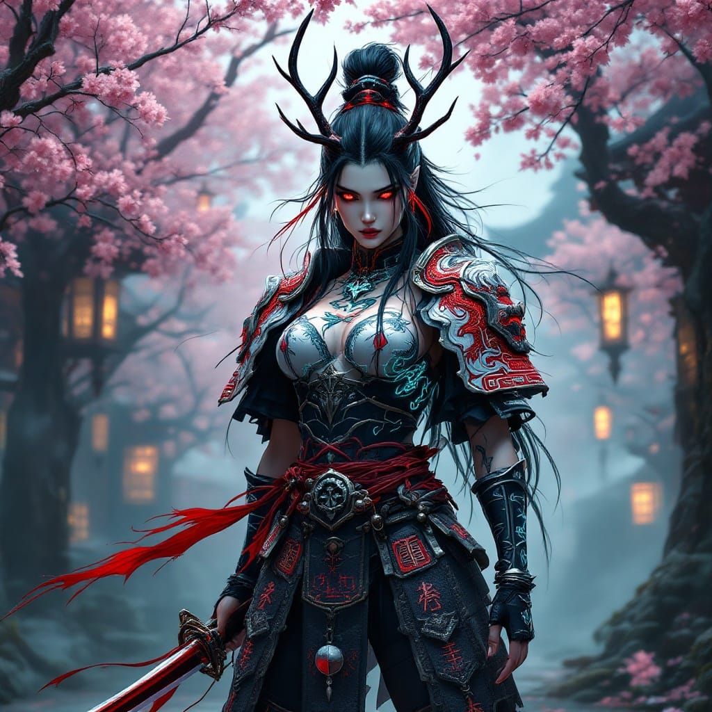 Goth Samurai Maiden in White and Red Dragon Armor
