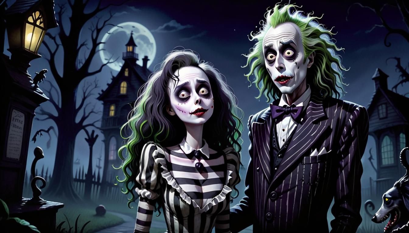 Macabre Beetlejuice Fantasy in Gothic Illustrated Style