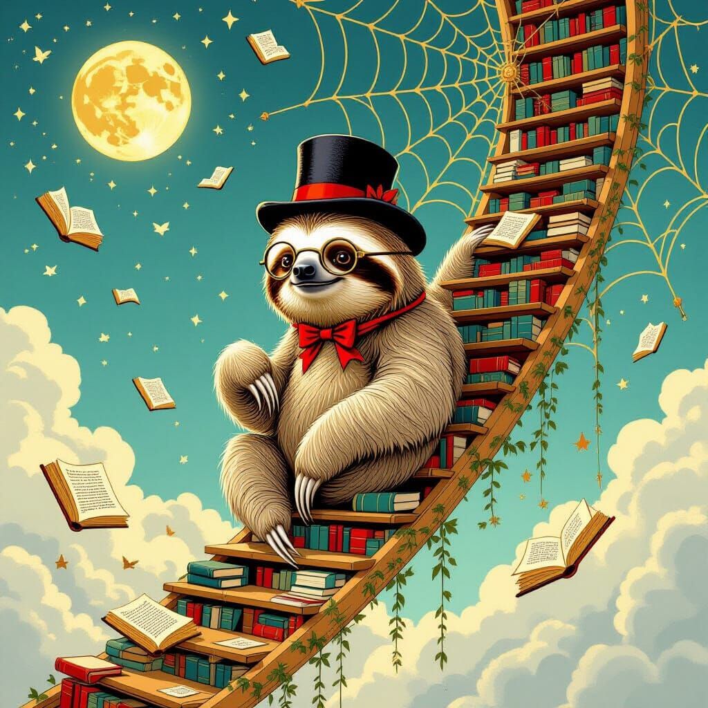 Sloth Ascends Spiderweb Staircase to Cloud Library