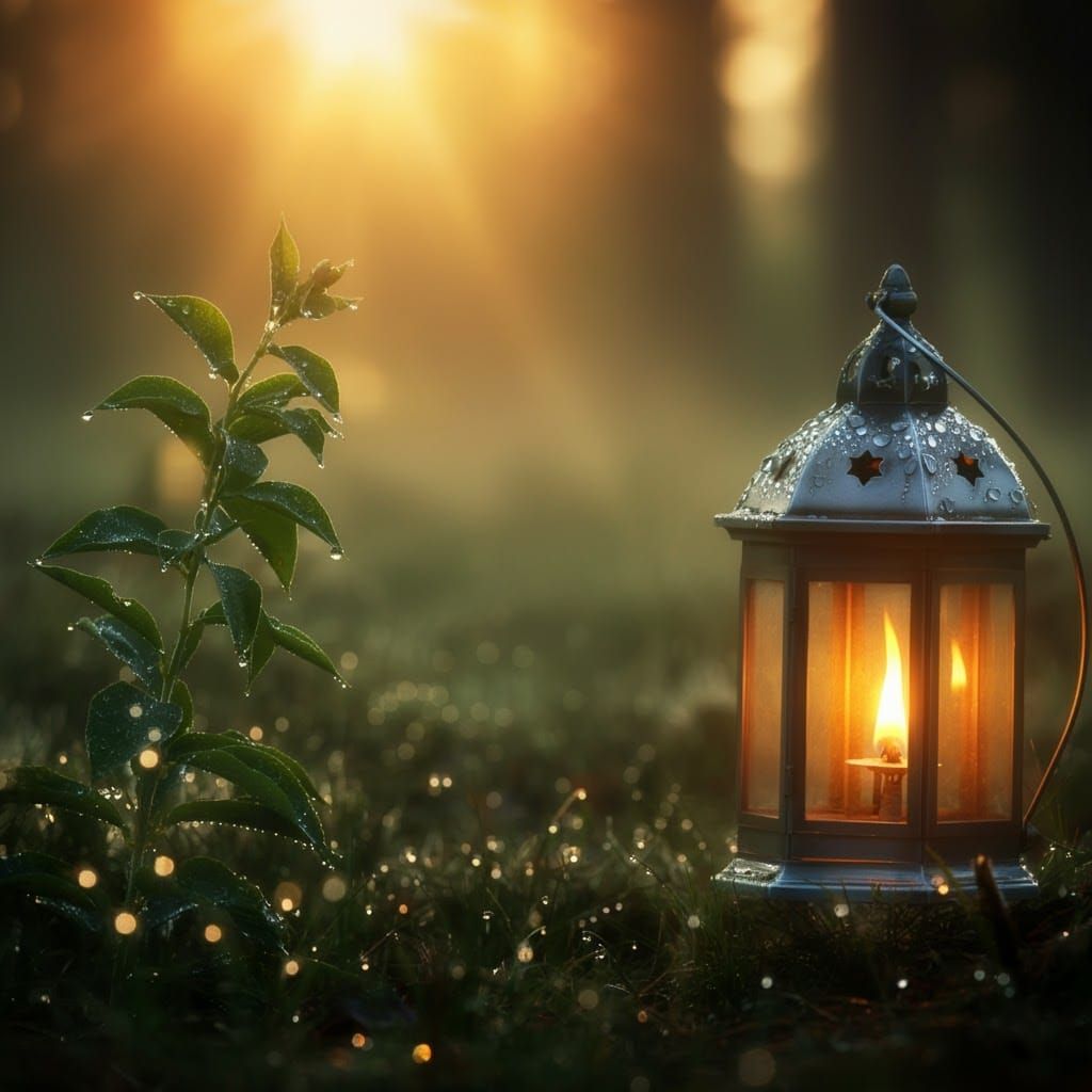 Dawn's Light Through Misty Forest with Lanterns