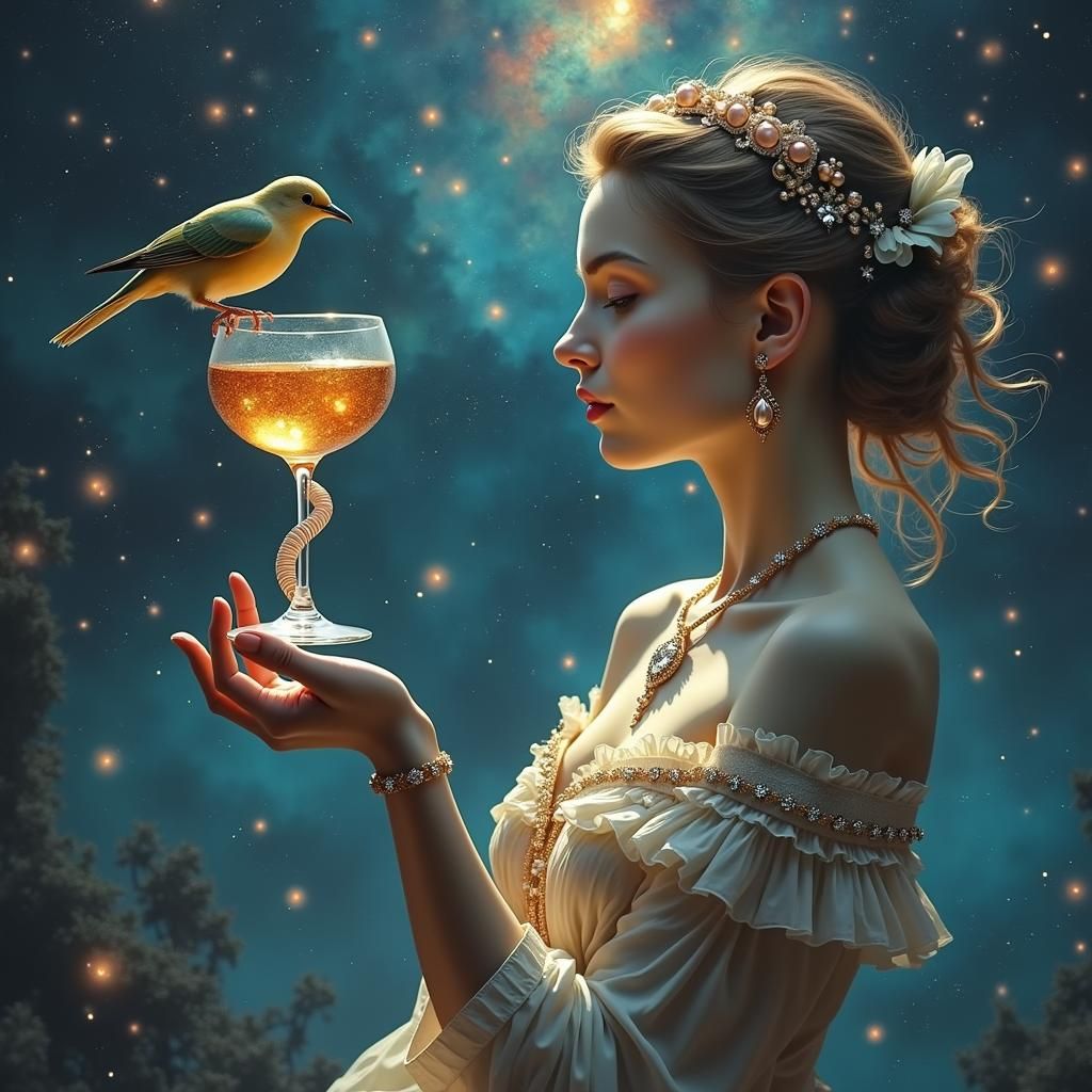 Ethereal Bird on Ornate Wine Glass in Nebula