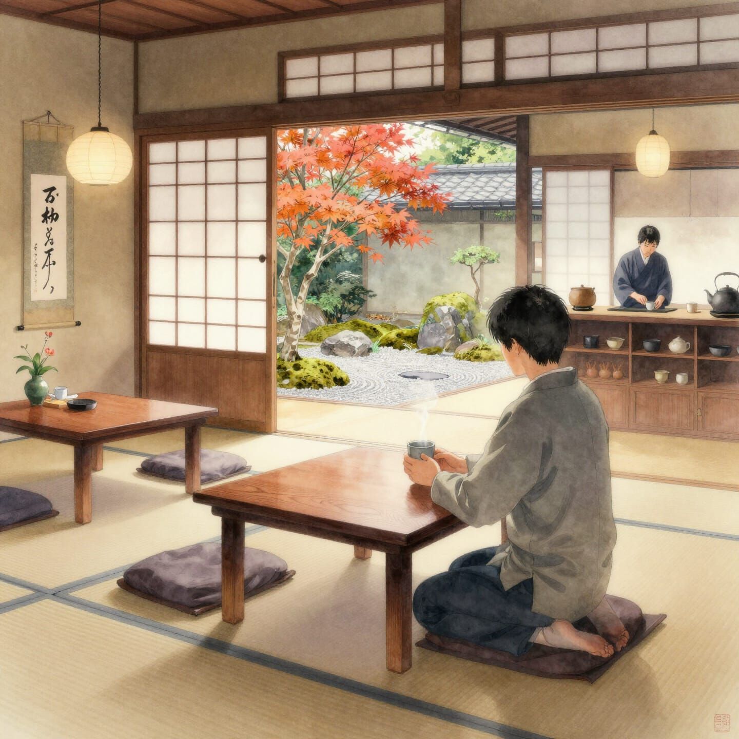 Tranquil Watercolor of Kyoto Tea House Afternoon