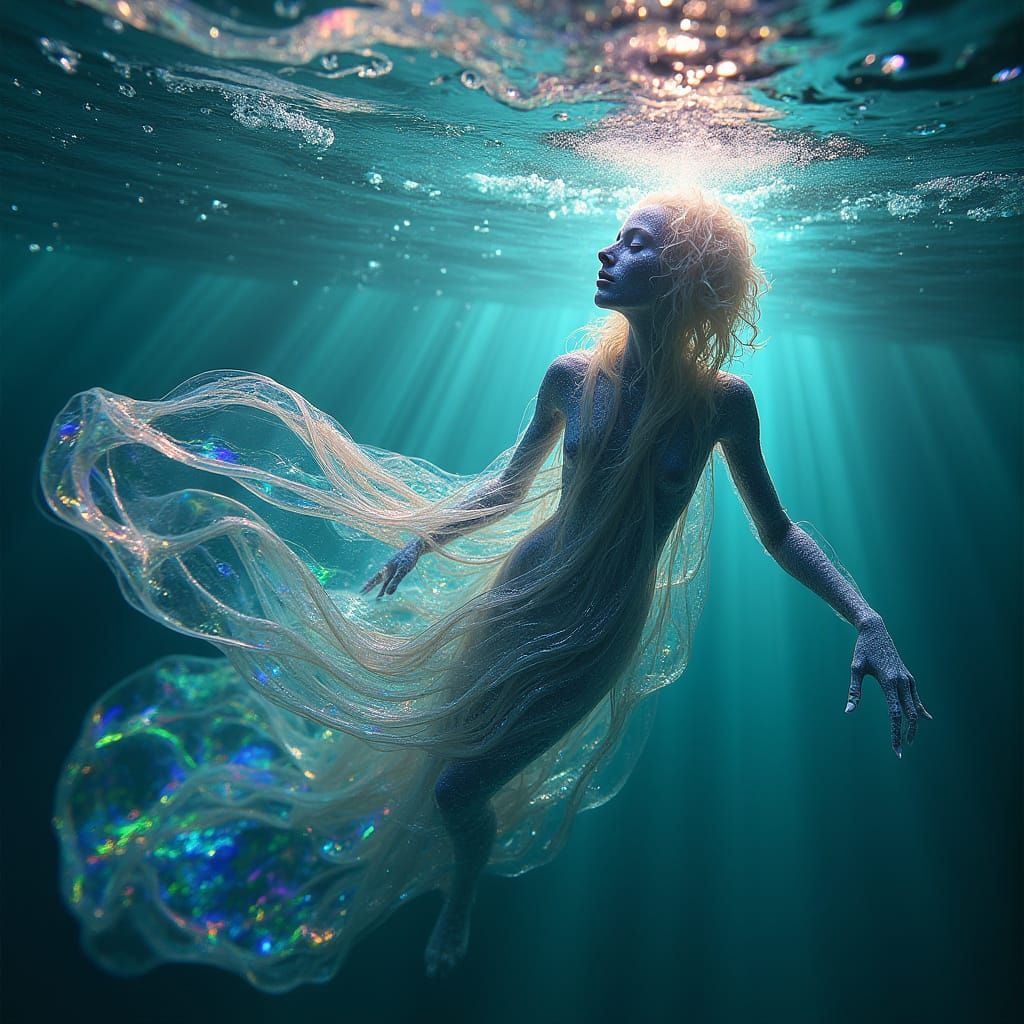 Gelatinous Humanoid Twists Through Iridescent Turquoise Wate...