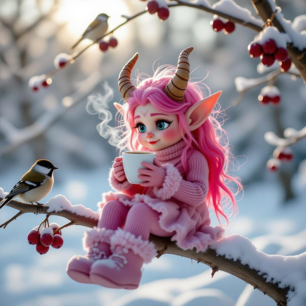 Frozen Pink Troll Drinks Coffee on Berry Branch