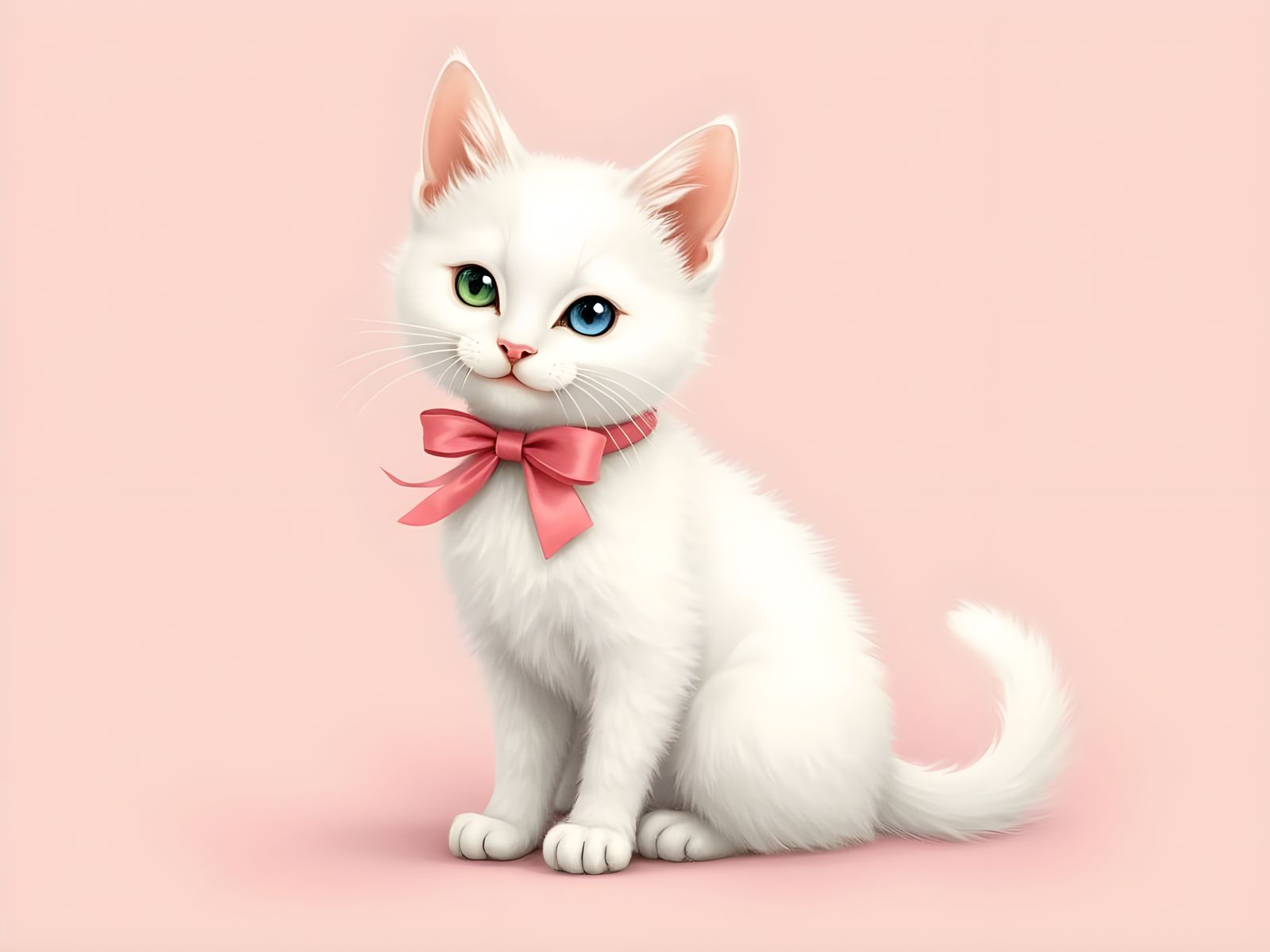 Angora Kitten with Pink Bow in Storybook Style
