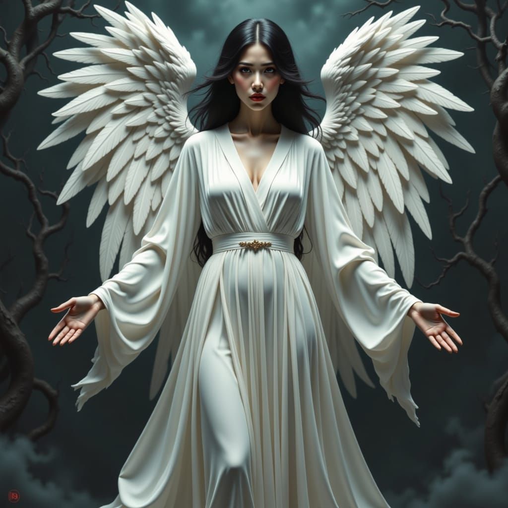 Realistic Angel Portrait in Deep, Contrasting Colors