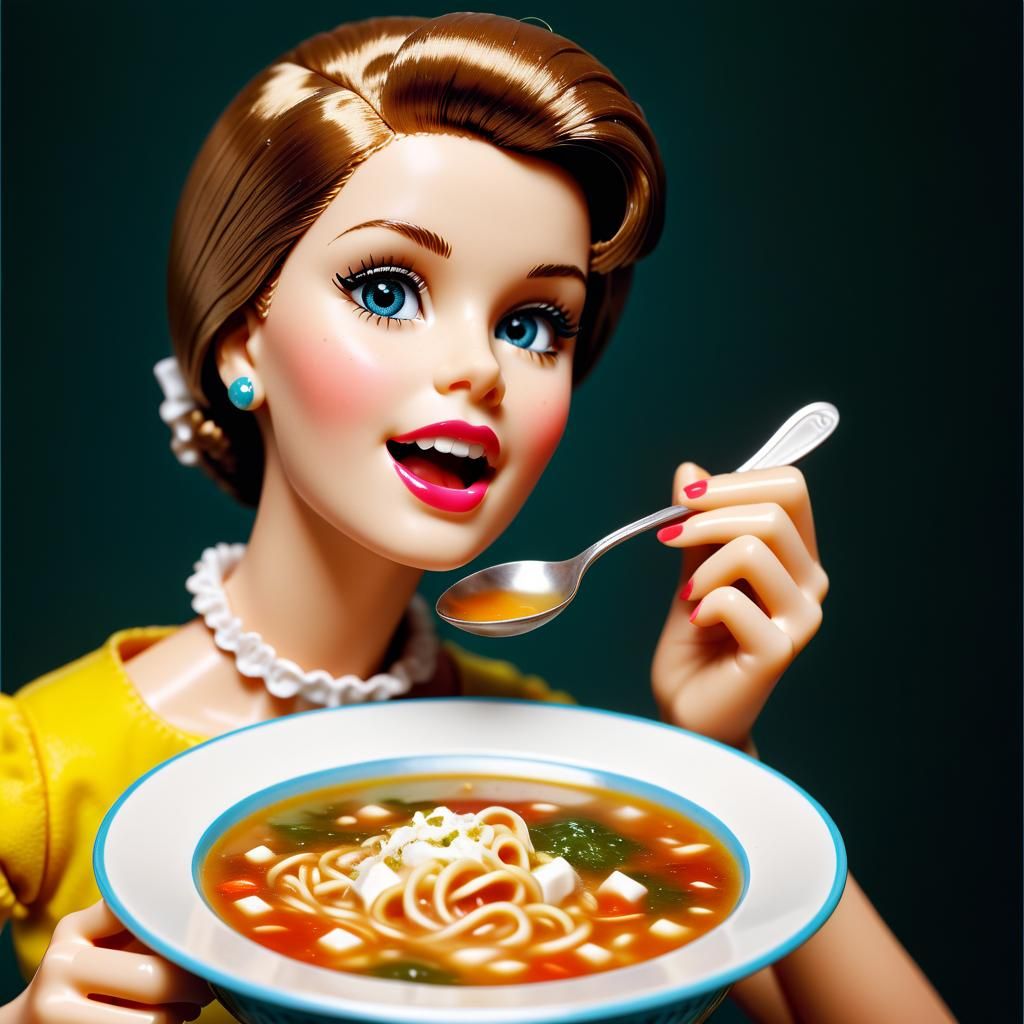 Hyperrealistic Barbie Doll Eating Soup in 1950s Style