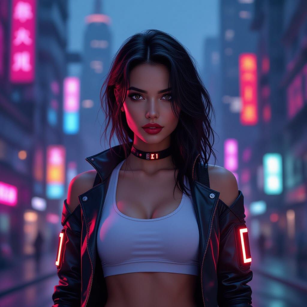 Cyberpunk Woman in Futuristic Cityscape