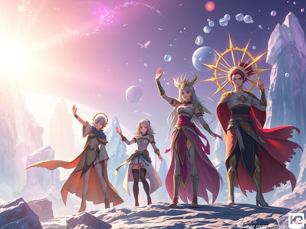 Victorious Team in Crystal Landscape: 3D Anime Art