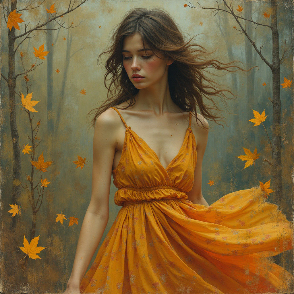 Melancholic Woman in Autumn Landscape, Photorealistic